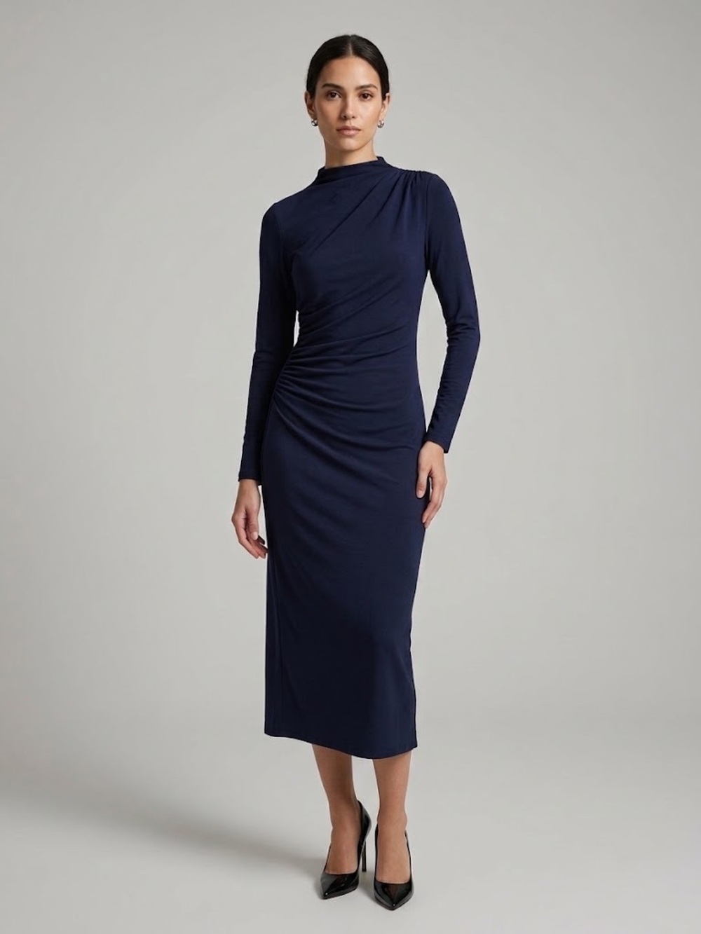 Antistar Dark Navy High Neck Ruched Midi Dress — Size XS